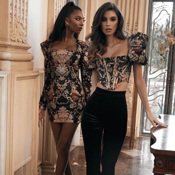 House of CB Isabella Brocade Black Gold Bustier Crop Top Floral Size S - Picture 7 of 12